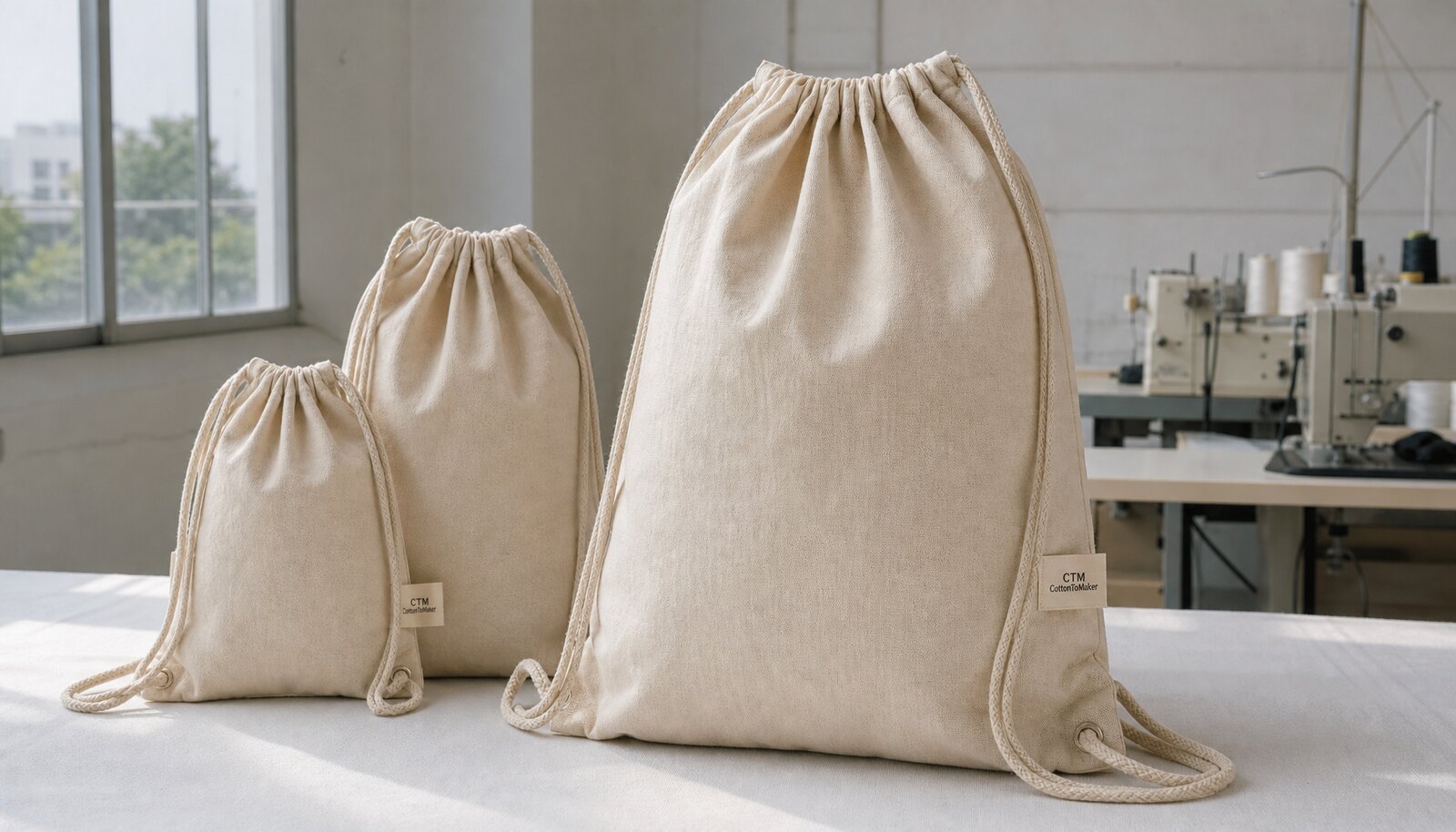 Natural cotton drawstring backpacks with a small CTM CottonToMaker woven side label in a factory sample room