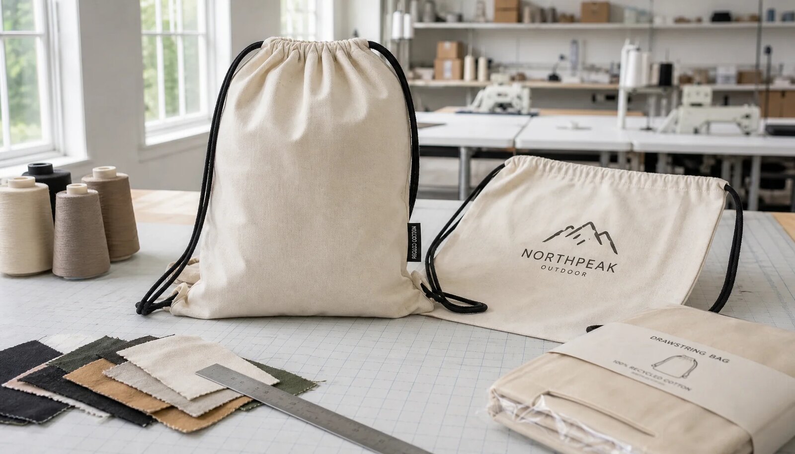 Custom cotton drawstring backpack sample with CTM woven side label in a factory sample room