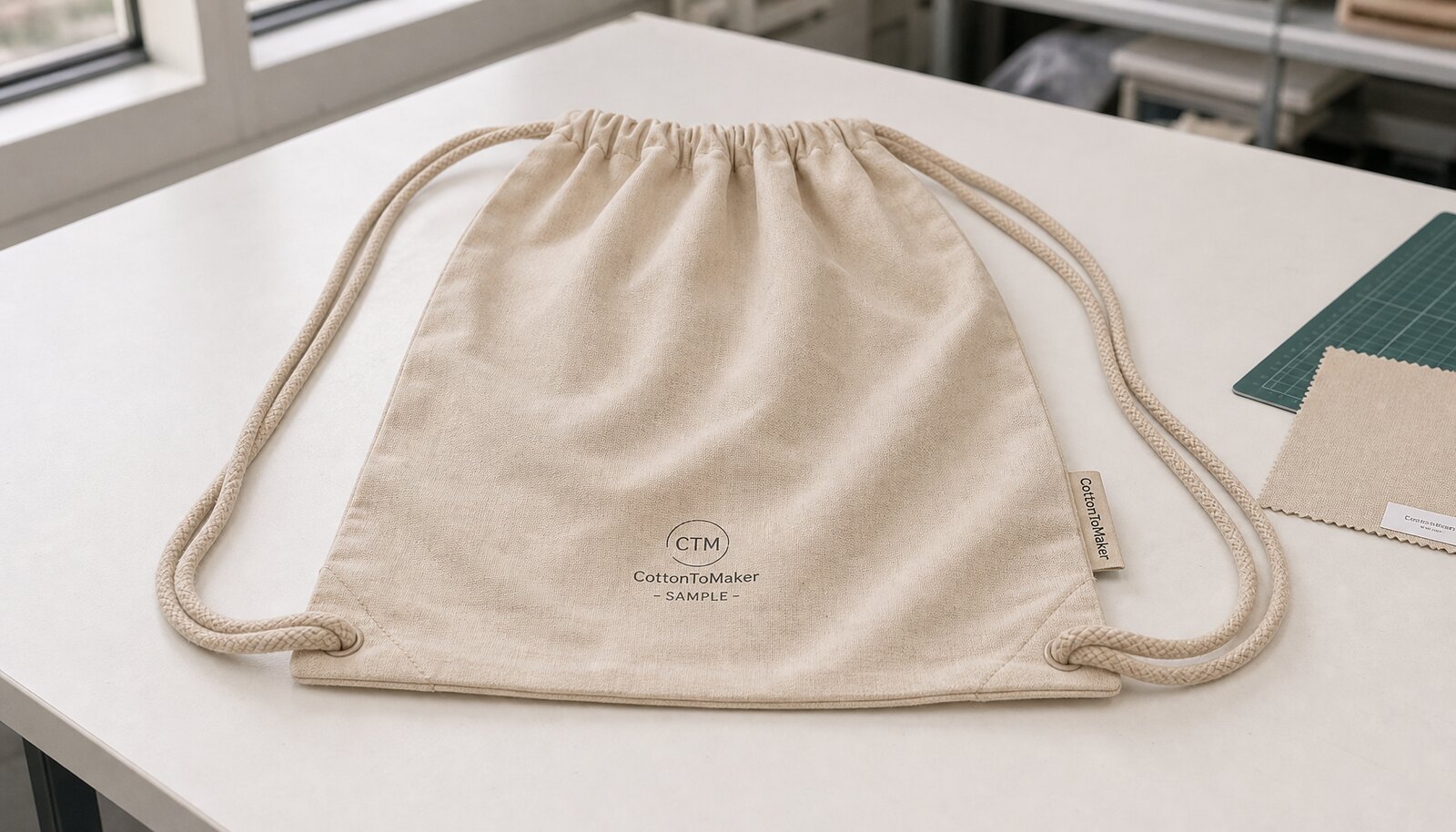 Cotton drawstring backpack with a simple CTM logo in a factory sample room
