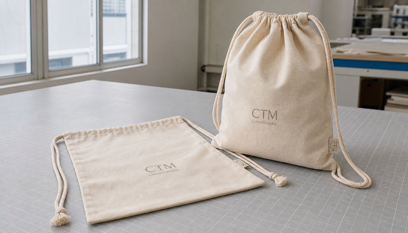Natural cotton drawstring backpack with a simple CTM woven side label in a factory sample room