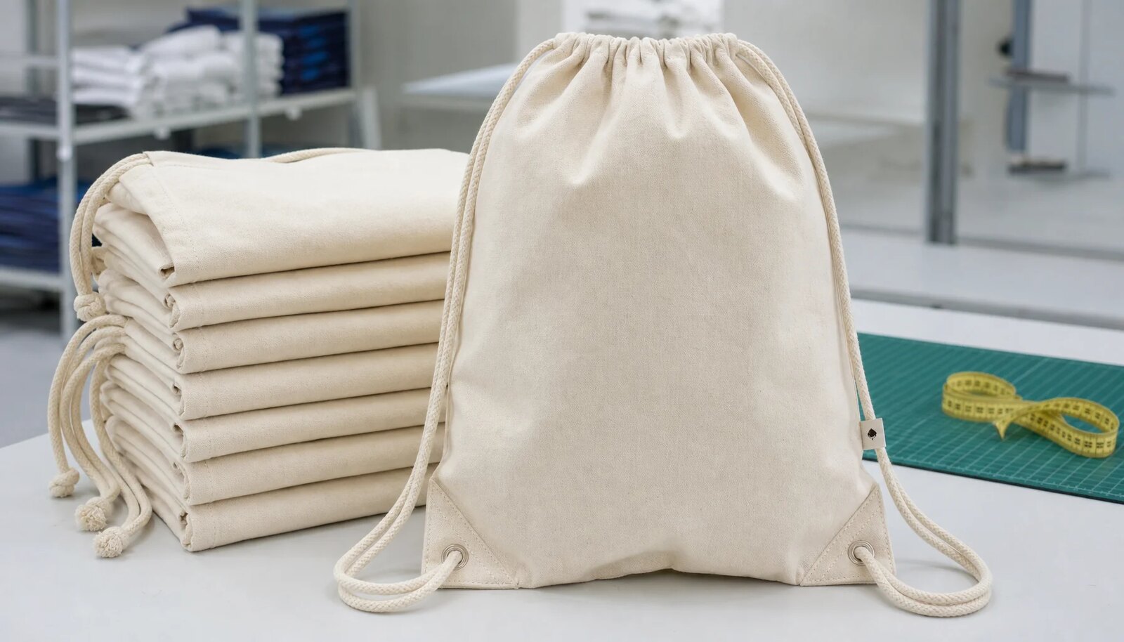 Natural cotton drawstring backpacks with CottonToMaker woven side label, drawcord channel, and reinforced stitching in a factory sample room