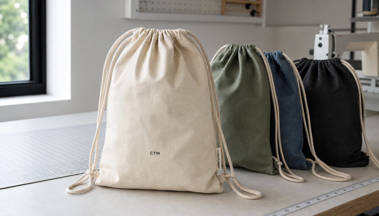 Natural cotton drawstring backpacks with a simple CTM logo printed on one bag in a clean factory sample room