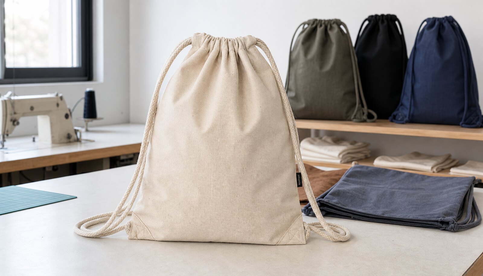 Natural cotton drawstring backpacks with a small CTM sample label shown in a clean factory sample room.