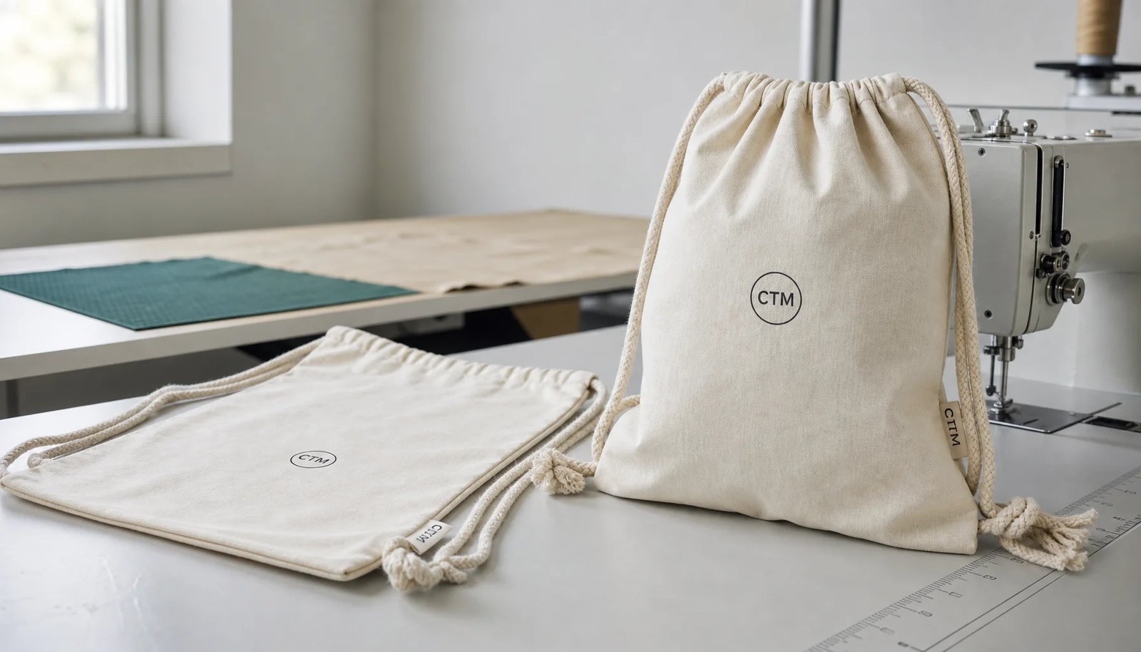 Cotton drawstring backpack with a simple CTM sample logo printed directly on the front in a clean factory sample room