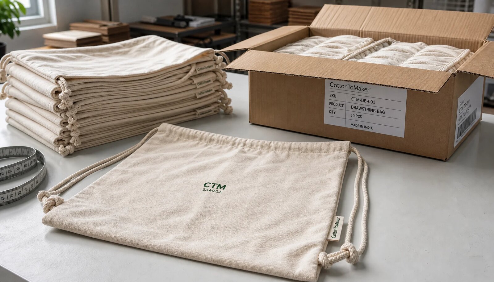 Cotton drawstring backpacks with CTM logo packed in labeled export carton for craft fair distribution