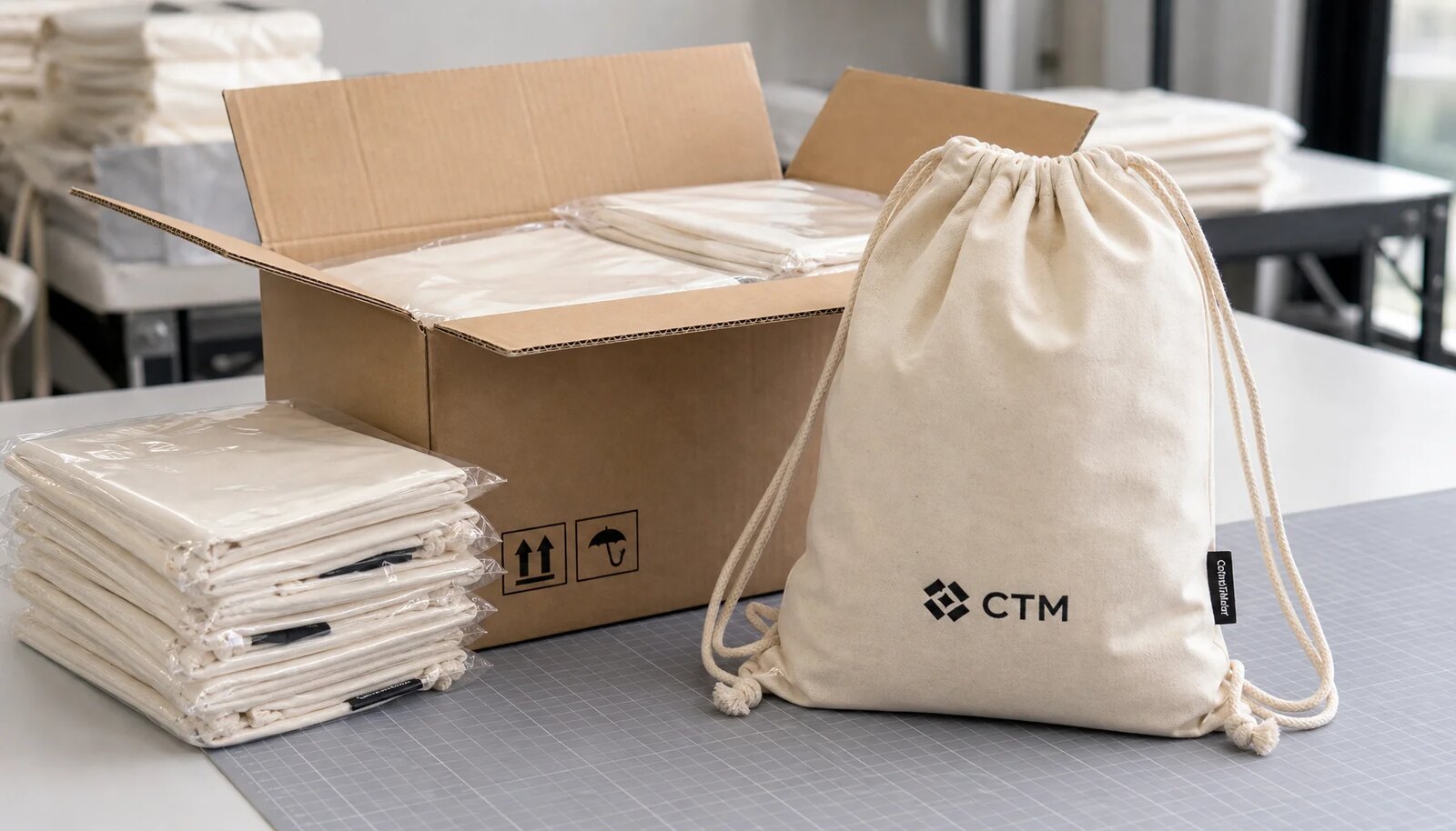 Custom cotton drawstring backpack sample with CTM logo packed beside export carton