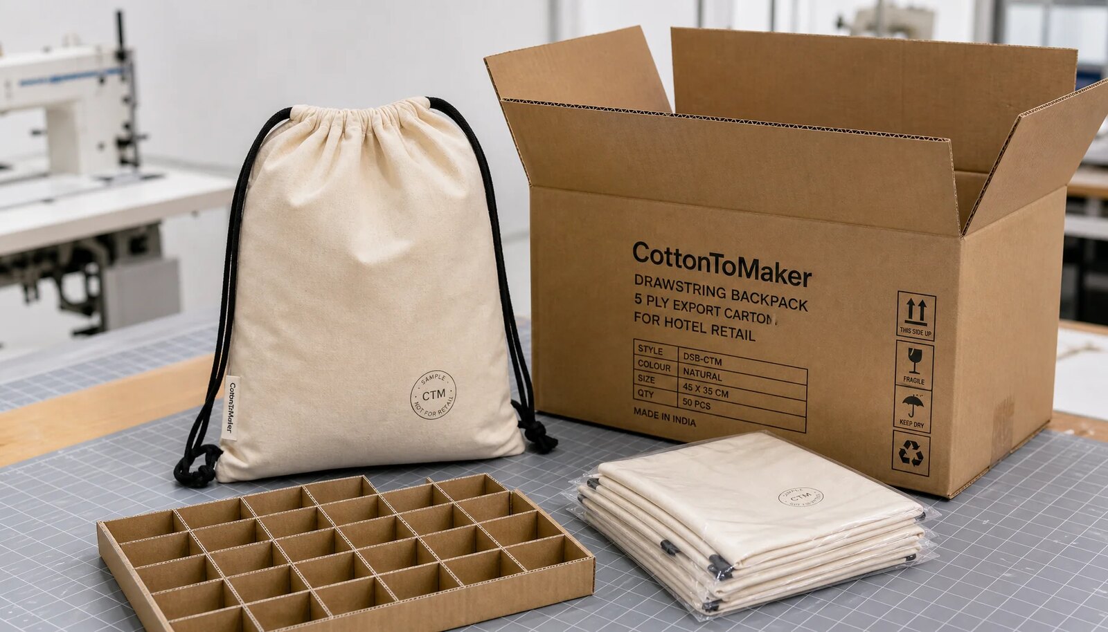 Cotton drawstring backpacks with CTM logo packed beside an export carton for hotel retail orders