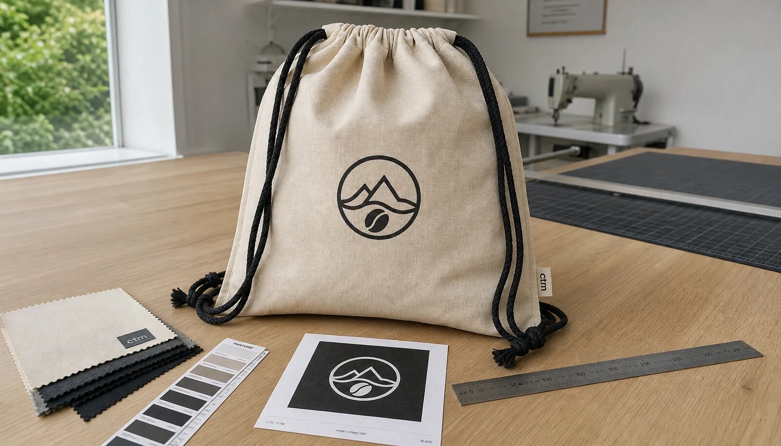 Cotton drawstring backpack sample with CTM logo print in a factory sample room