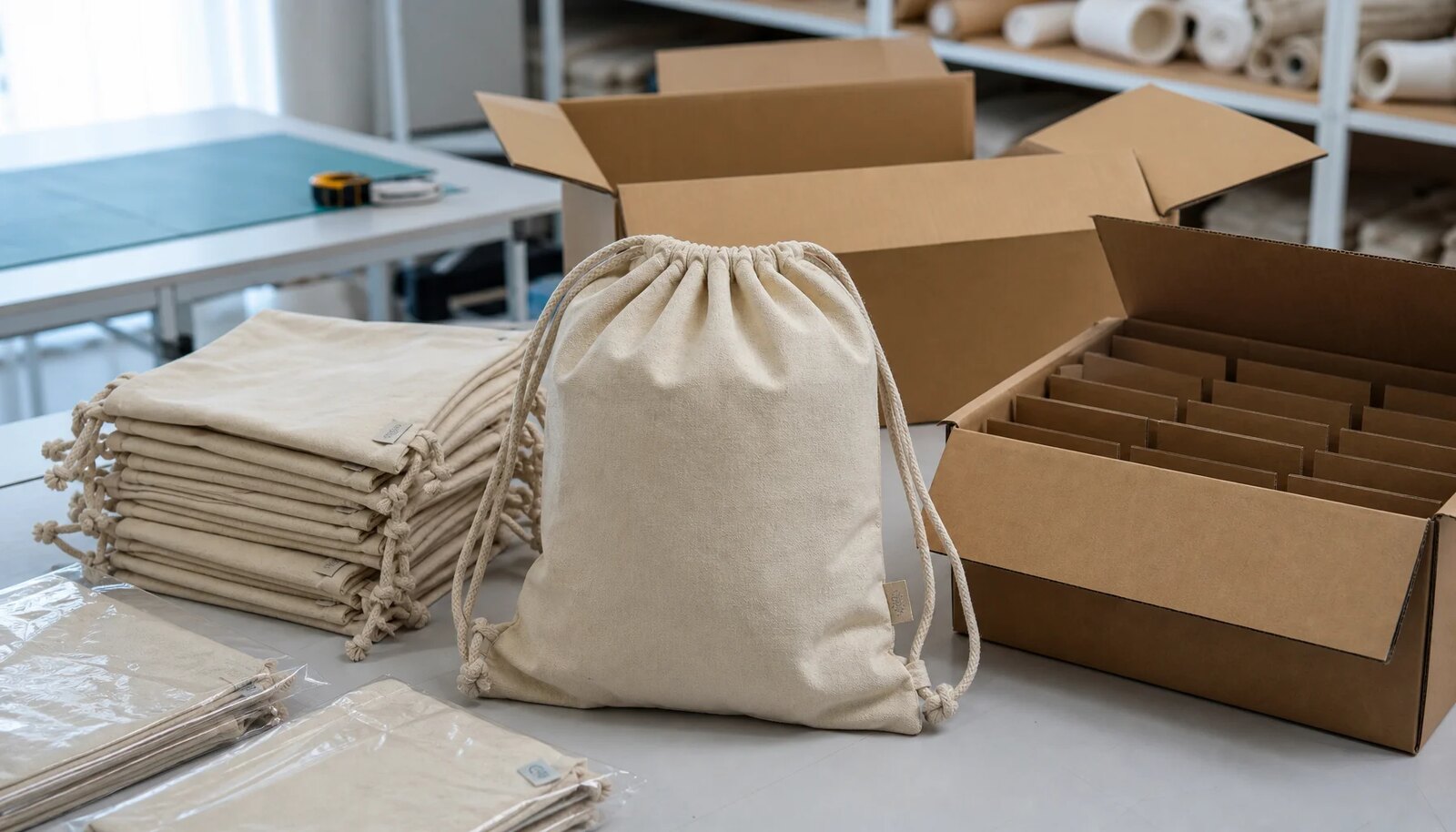 Cotton drawstring backpacks with CTM sample logo beside export cartons in a factory sample room