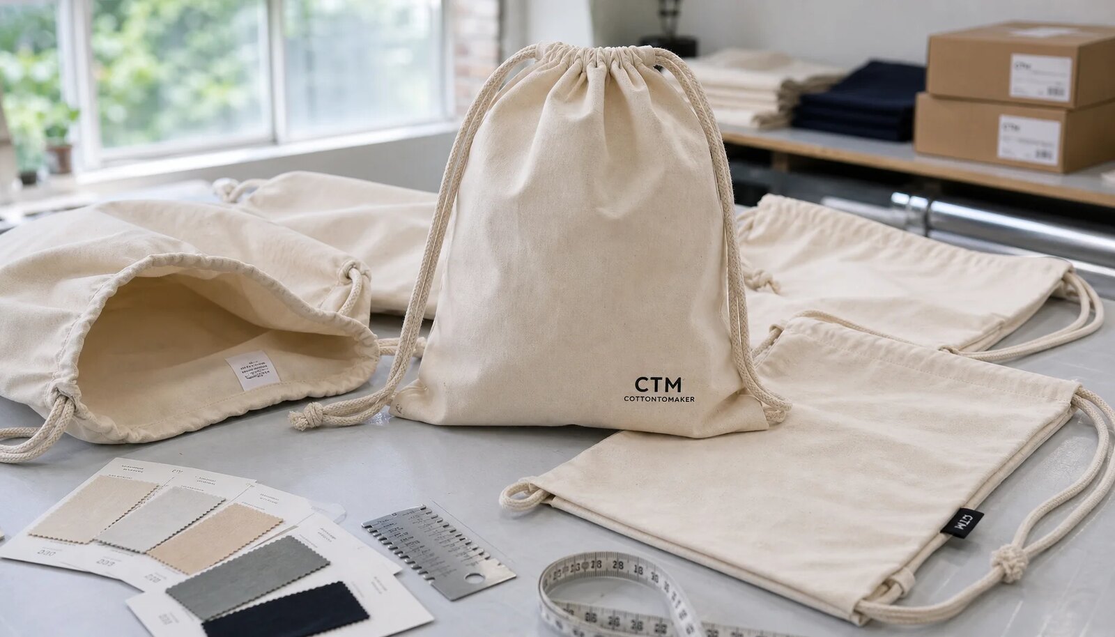 Cotton drawstring backpacks with CTM sample logo in a factory sample room for durability inspection