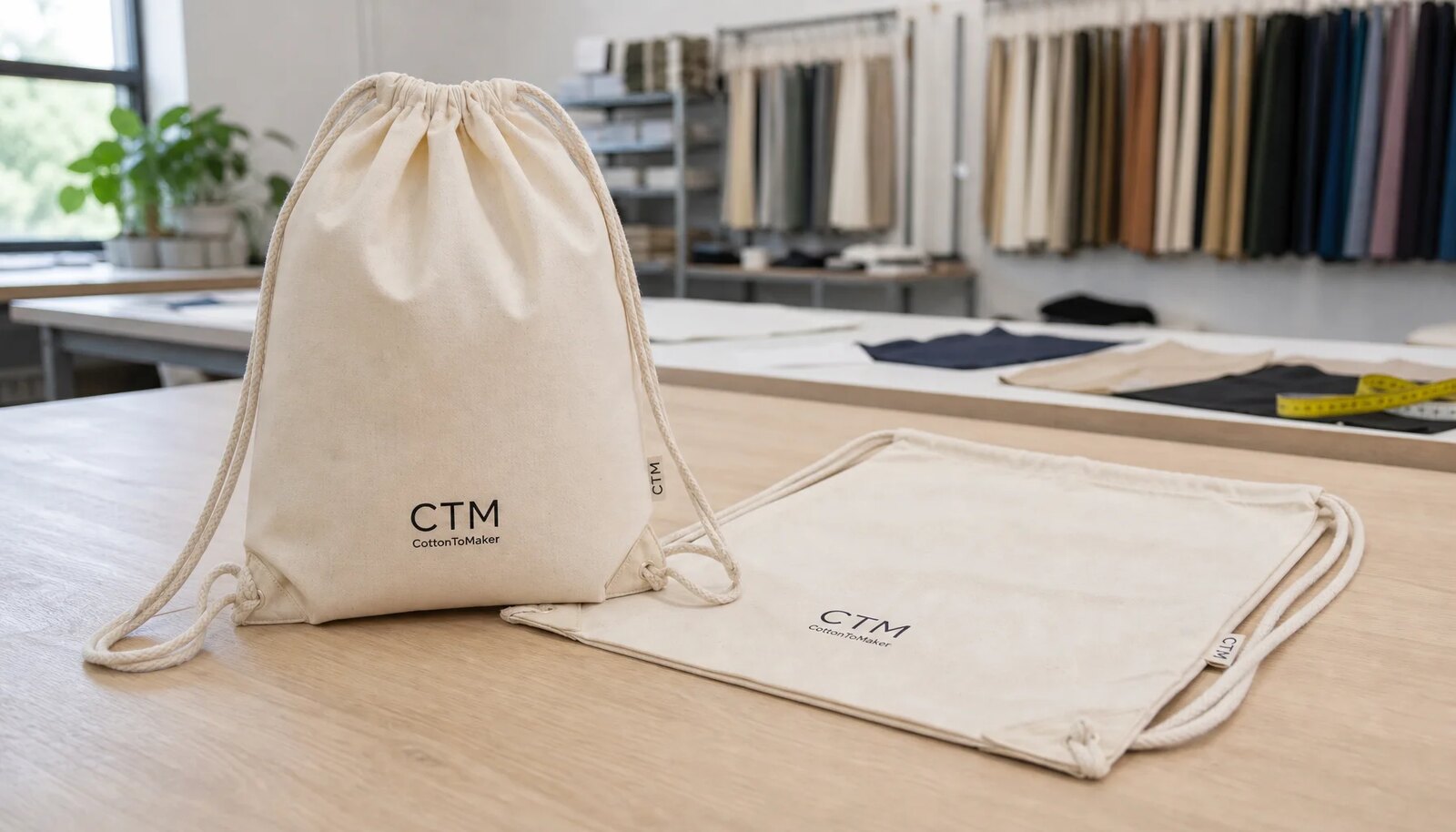 Natural cotton drawstring backpacks with CTM sample logo on a factory sample table
