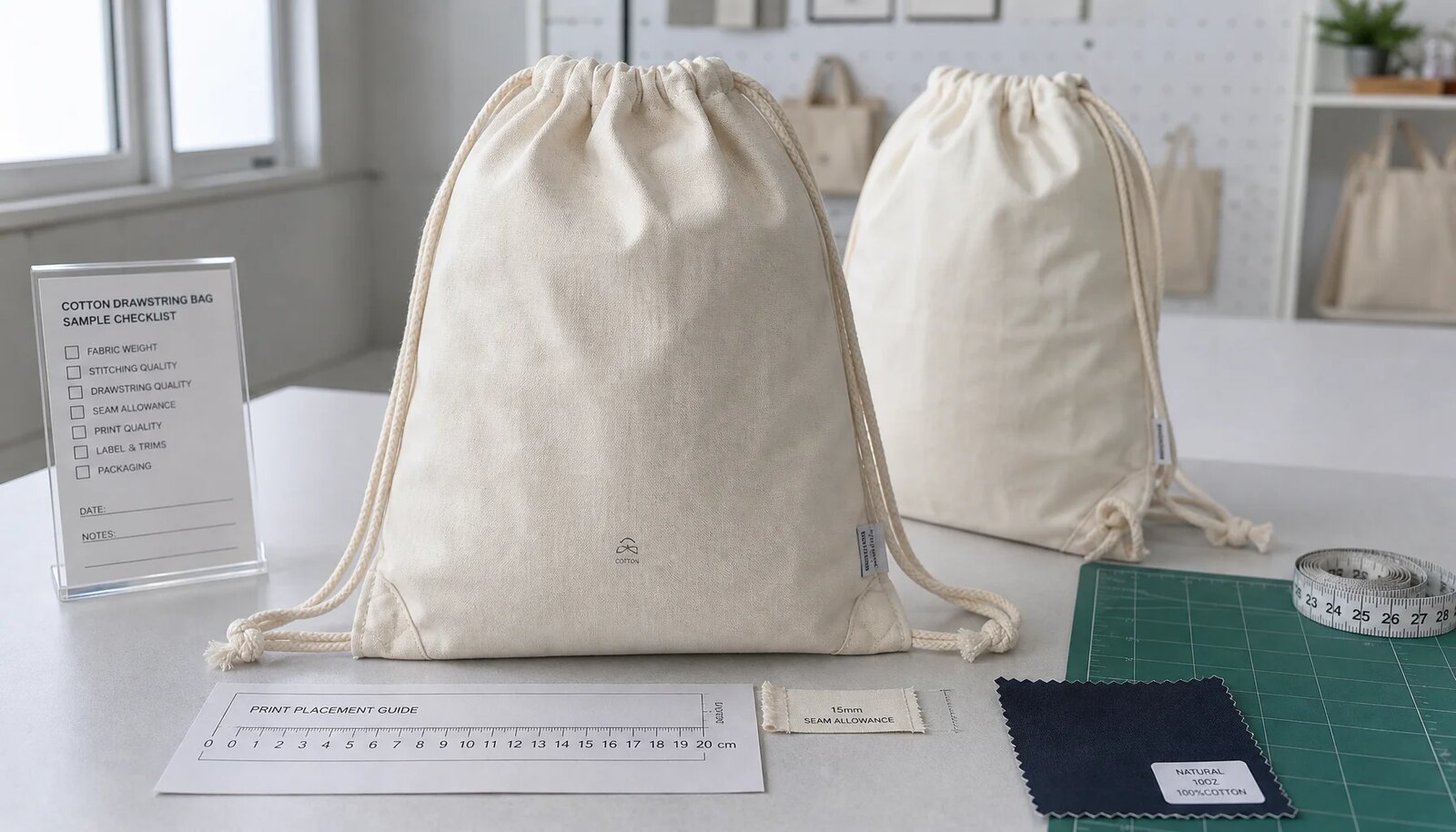 Natural cotton drawstring backpack sample with reinforced corners and CTM logo in a factory sample room