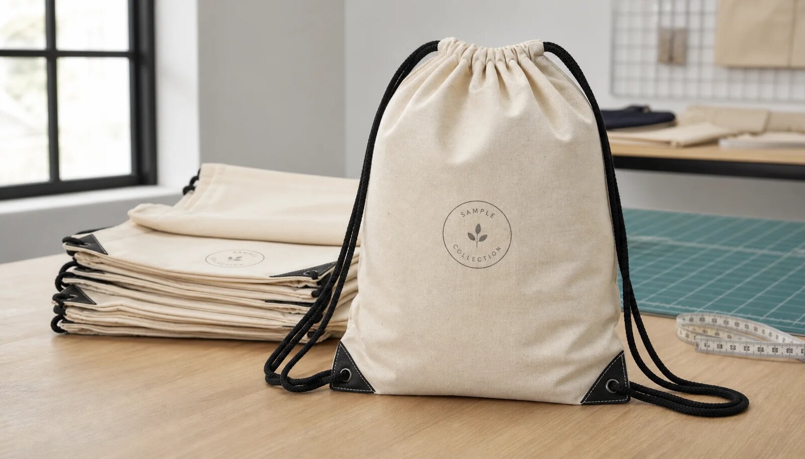 Natural cotton drawstring backpack sample with CTM logo in a factory sample room