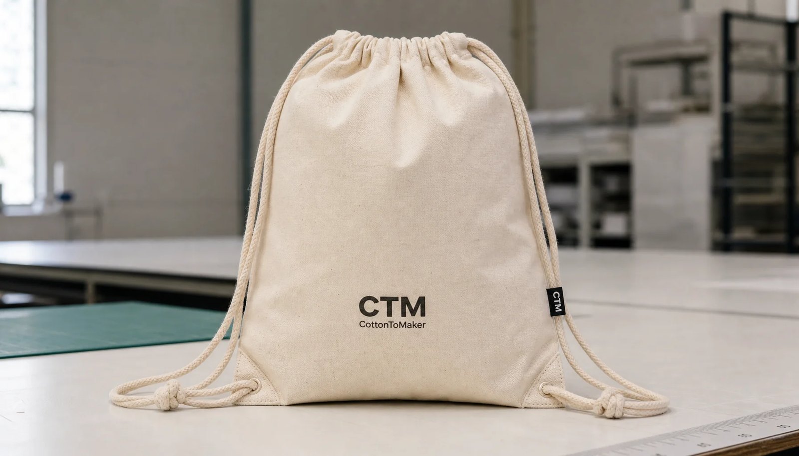 Natural cotton drawstring backpack with reinforced cord exits, CTM side label, and sample logo in a factory sample room.