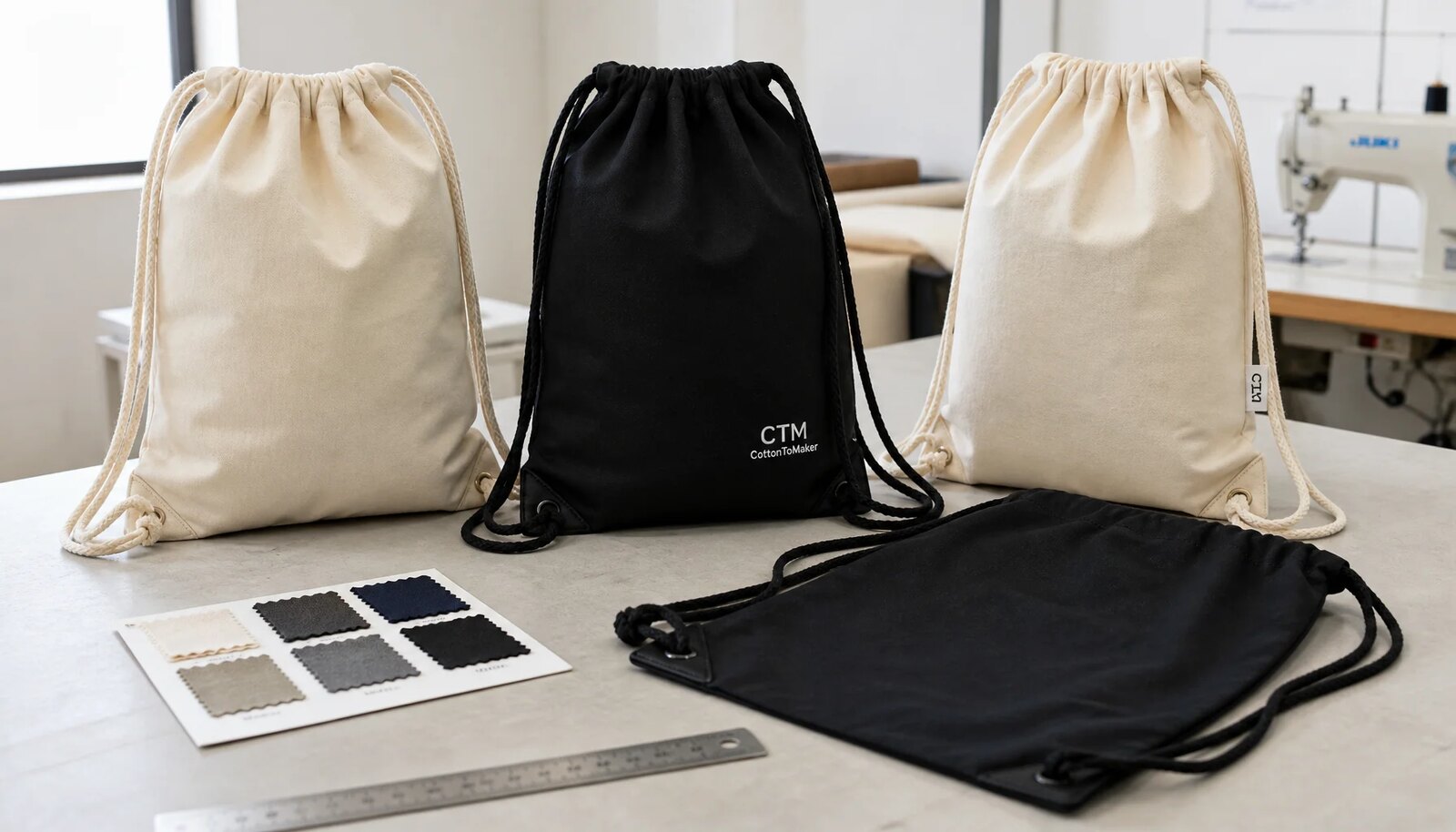 Cotton drawstring backpack samples with CTM logo, fabric swatches, and drawcord details in a factory sample room