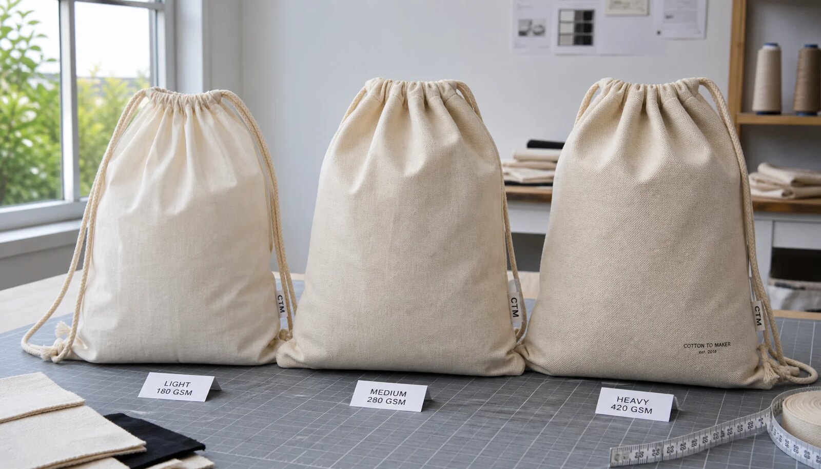 Natural cotton drawstring backpacks in different fabric weights with visible texture and cord channels