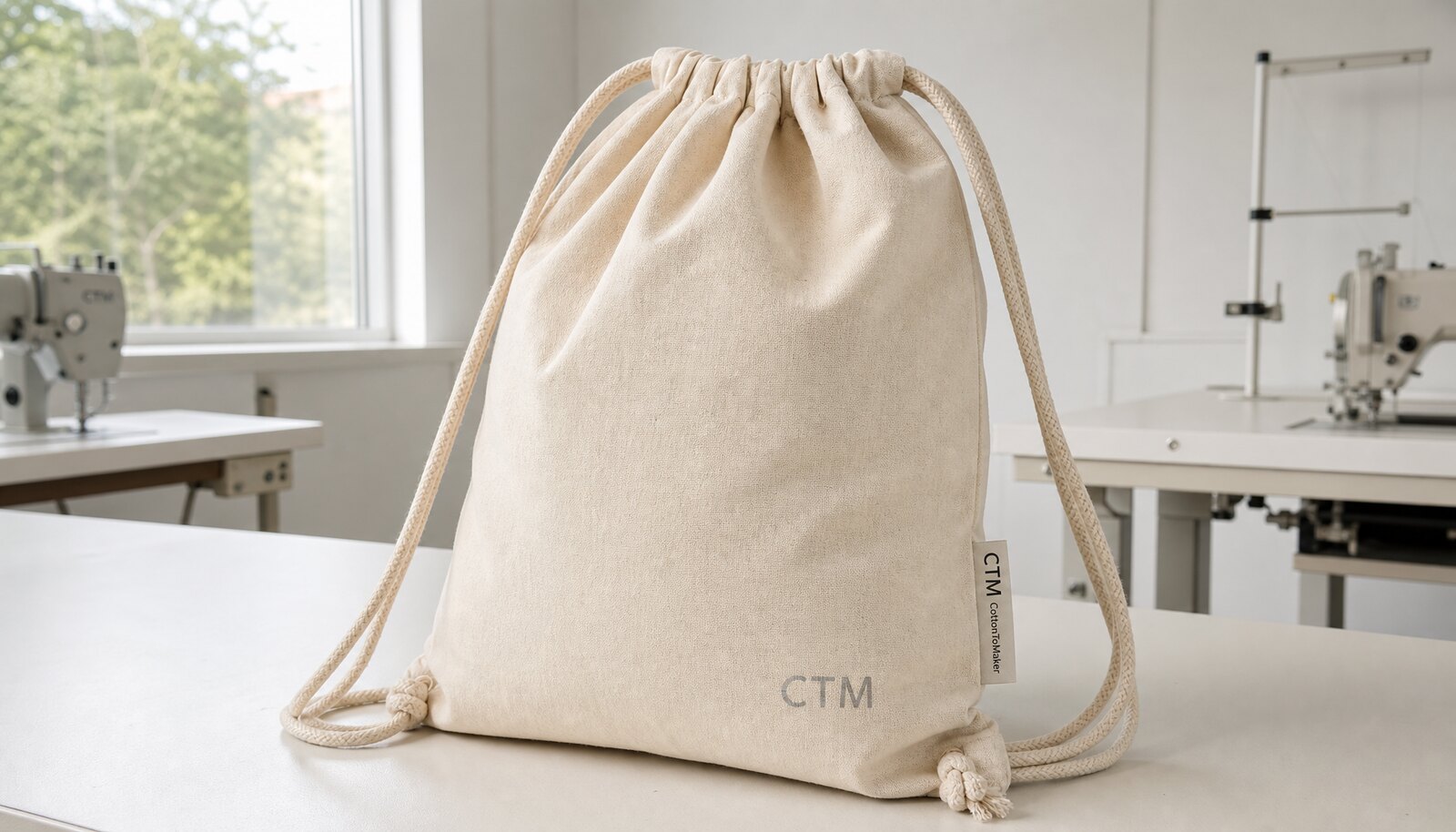 Natural cotton drawstring backpack with a simple CTM label sewn into the side seam in a clean factory sample room