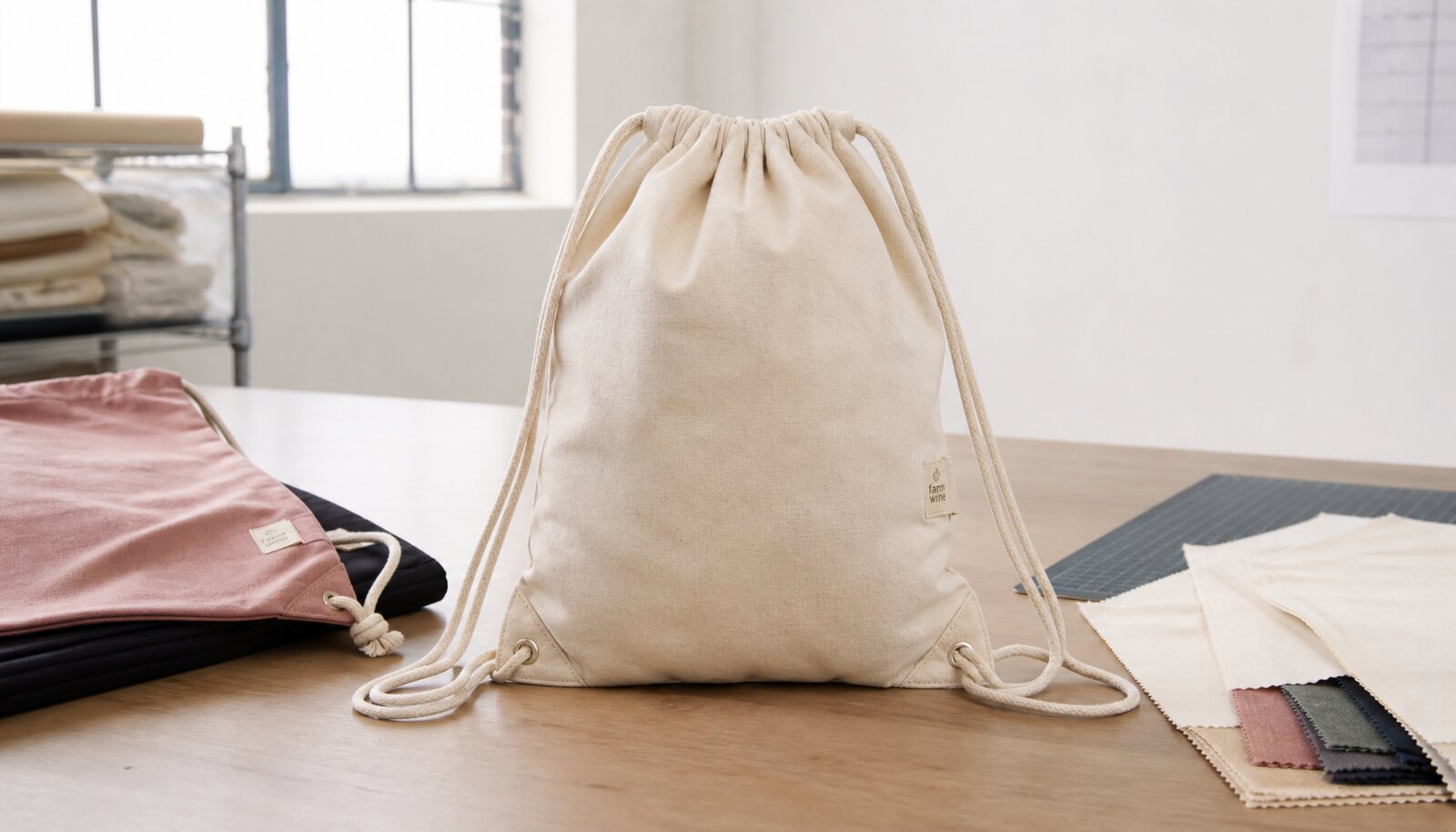 Photorealistic cotton drawstring backpack sample with CTM logo label in a factory sample room