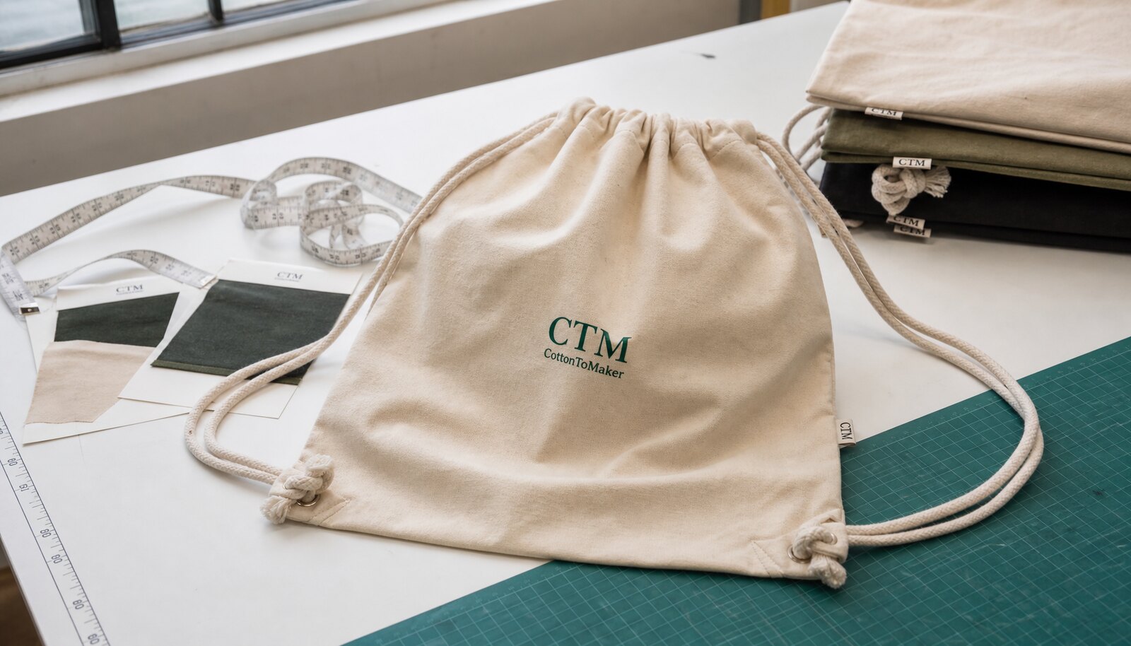 Cotton drawstring backpack sample with a CTM CottonToMaker logo in a clean factory sample room