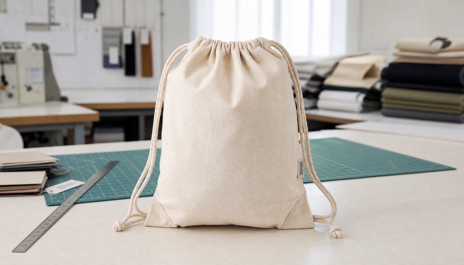 Photorealistic cotton drawstring backpack sample with a simple CTM/CottonToMaker logo printed or sewn on the product in a factory sample room.