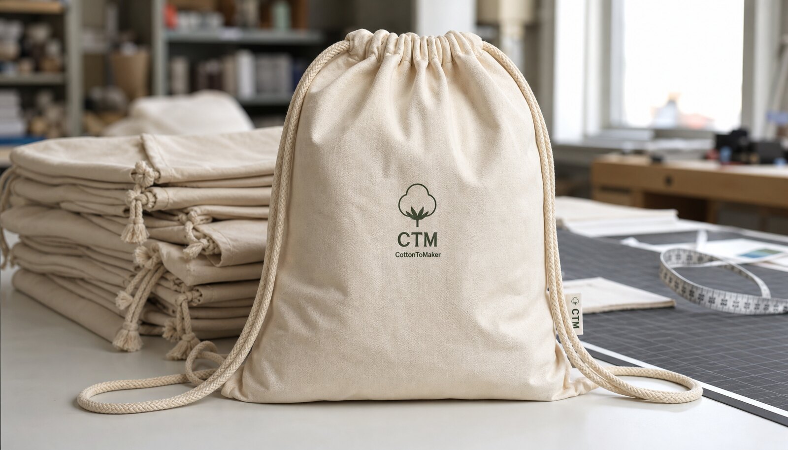 Cotton drawstring backpack sample with a small CTM/CottonToMaker sewn side label and printed logo in a factory sample room