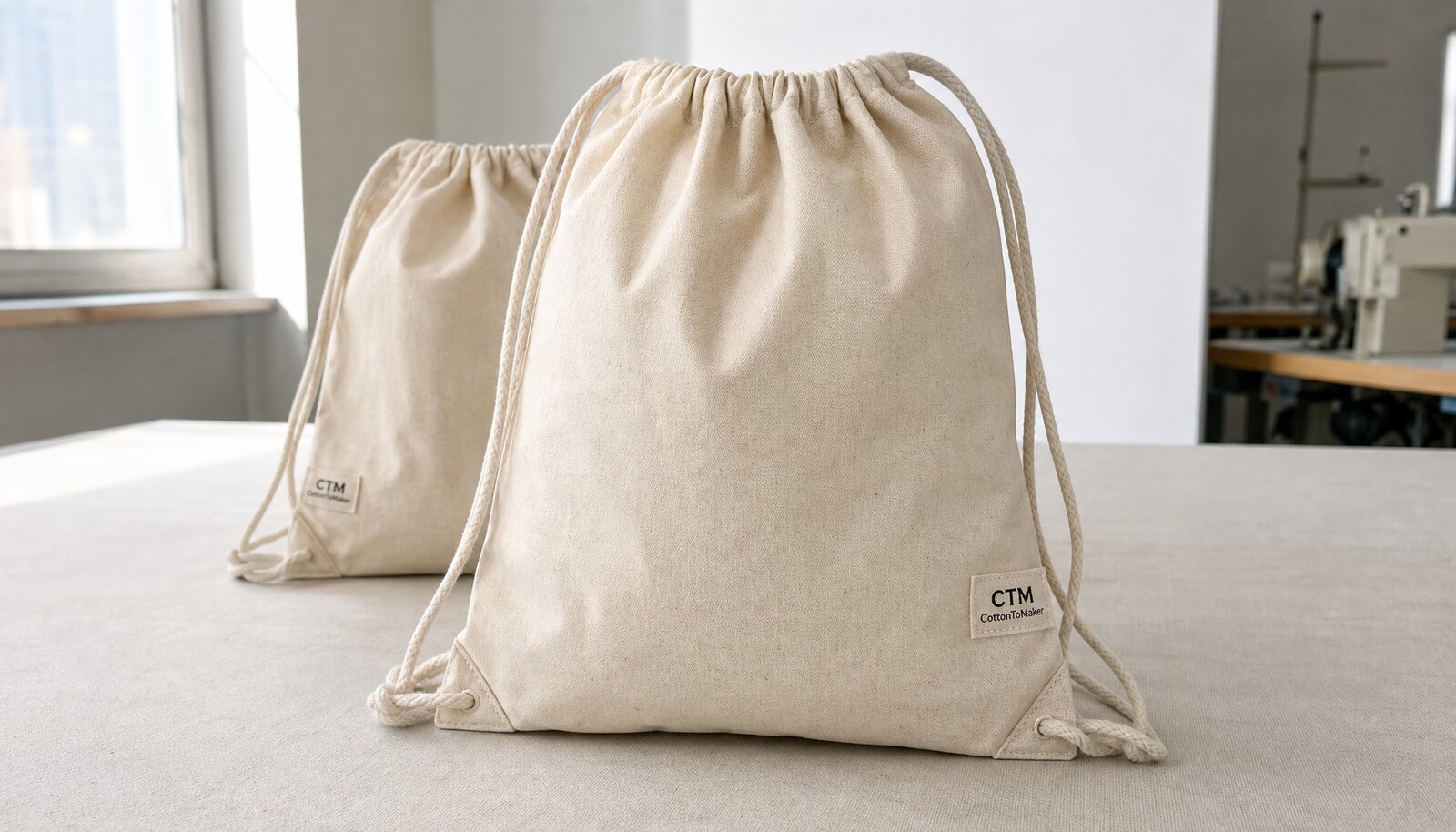 Photorealistic cotton drawstring backpack sample with a small CTM / CottonToMaker side label in a clean factory sample room
