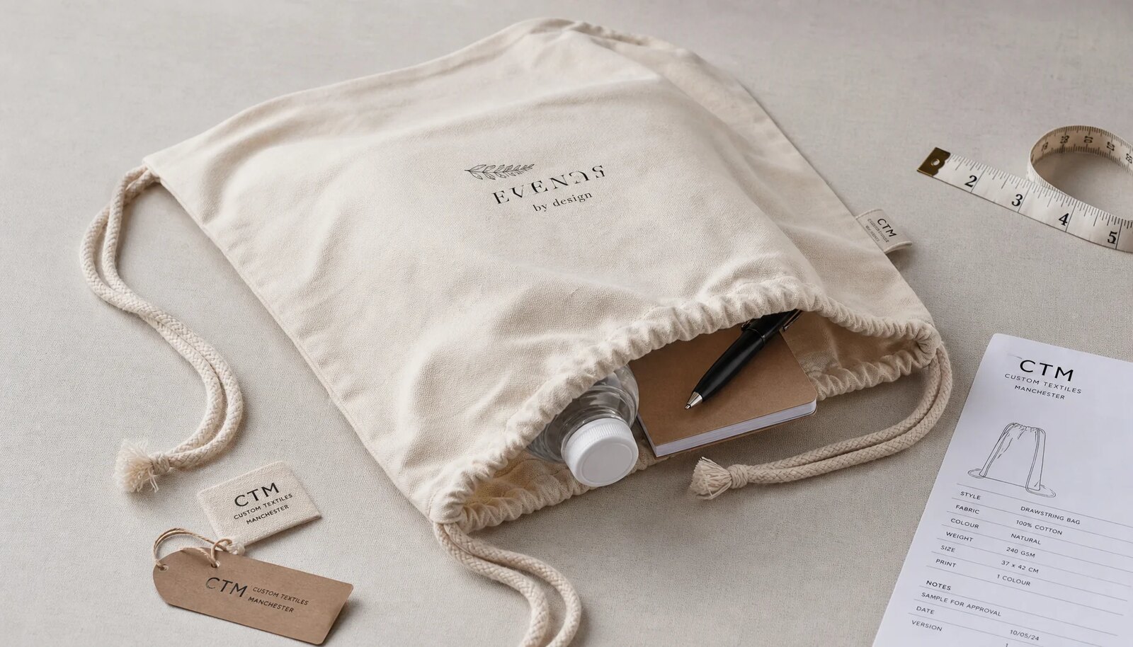 Natural cotton drawstring backpack with a simple CTM sample logo, shown in a clean factory sample room for durability testing review