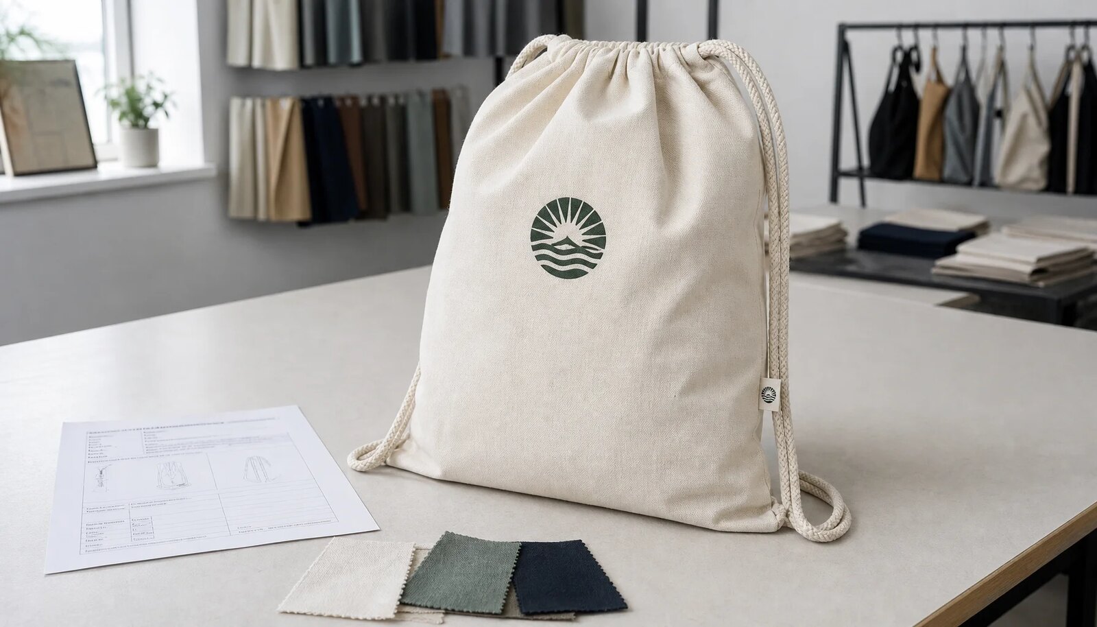 Photorealistic cotton drawstring backpack with a small CTM side label in a factory sample room.
