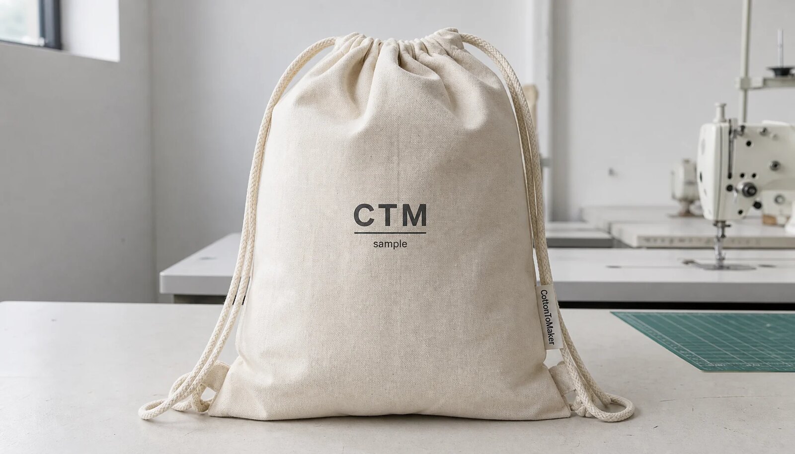 Photorealistic cotton drawstring backpack in a factory sample room with a simple CTM sample logo printed on the front and a woven side label