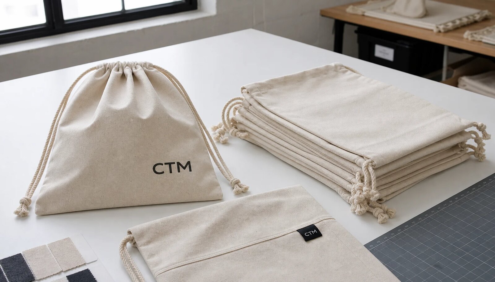 Photorealistic cotton drawstring backpacks with a small CTM logo in a factory sample room.