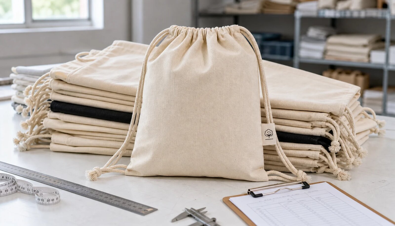 Natural cotton drawstring backpack with a small CTM CottonToMaker woven side label in a factory sample room