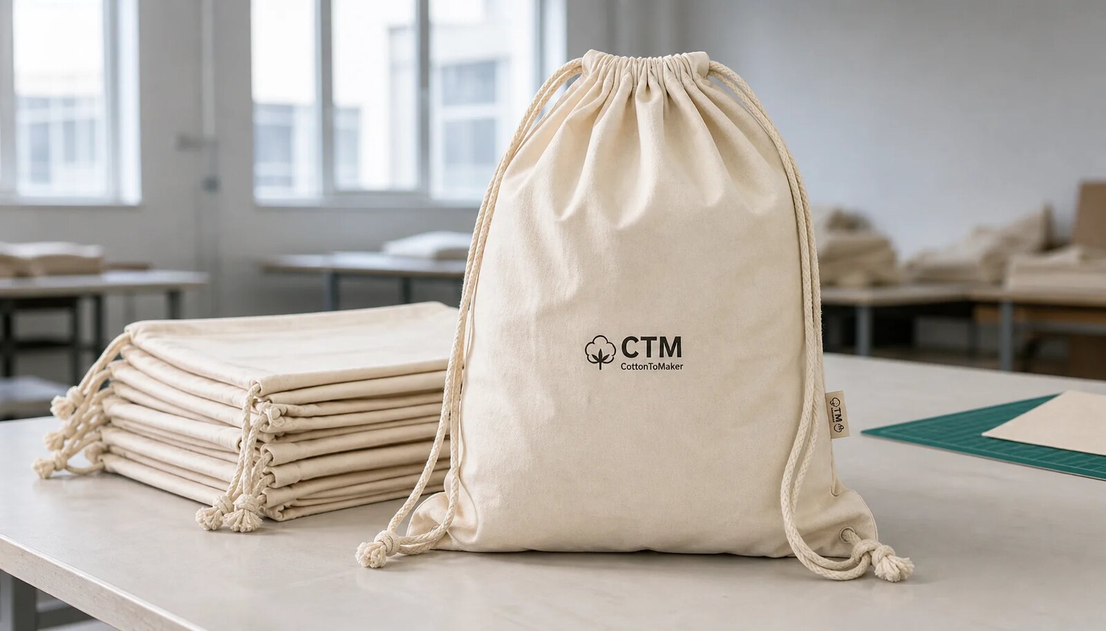 Natural cotton drawstring backpack with a simple CTM CottonToMaker logo shown in a factory sample room