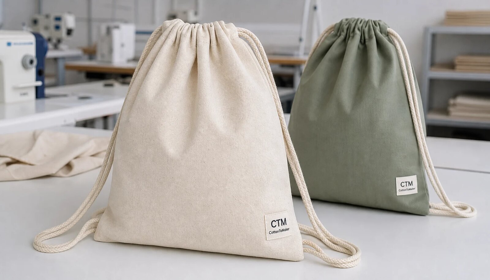 Photorealistic cotton drawstring backpack with a small CTM side label in a clean factory sample room.