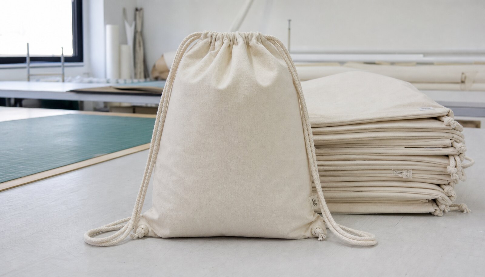 Natural cotton drawstring backpacks with a simple CTM sample logo in a clean factory sample room.