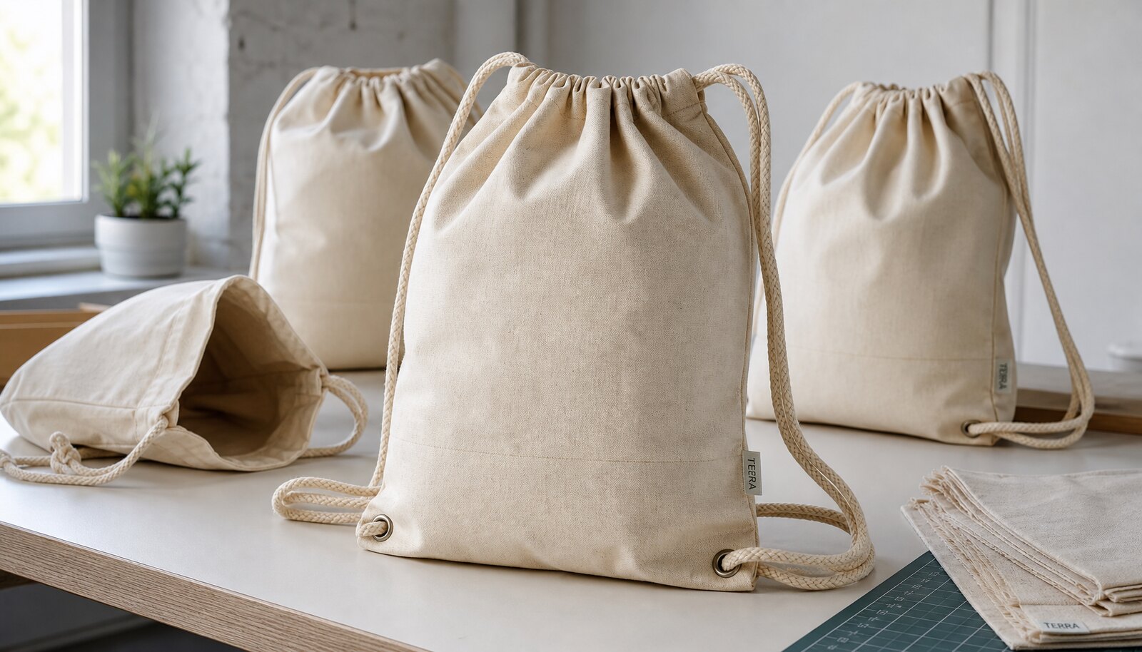 Photorealistic cotton drawstring backpacks with a small CTM label in a factory sample room