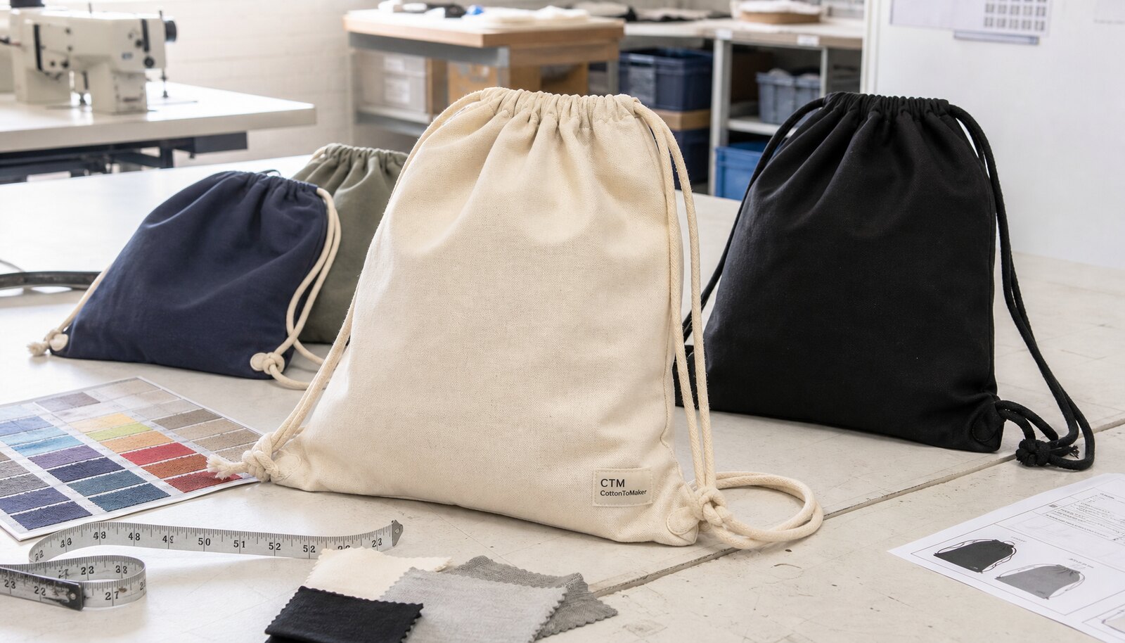 Cotton drawstring backpacks with a small CTM sample logo stitched on the side label in a factory sample room.