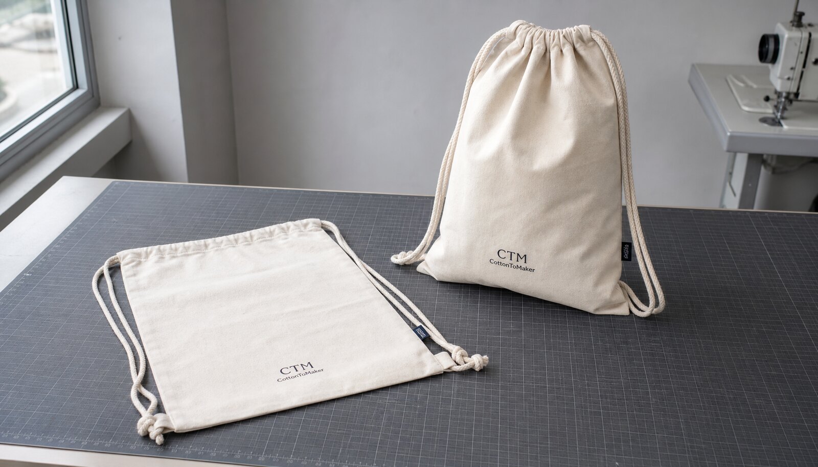 Cotton drawstring backpack with a small CTM sample logo printed on the bag in a factory sample room