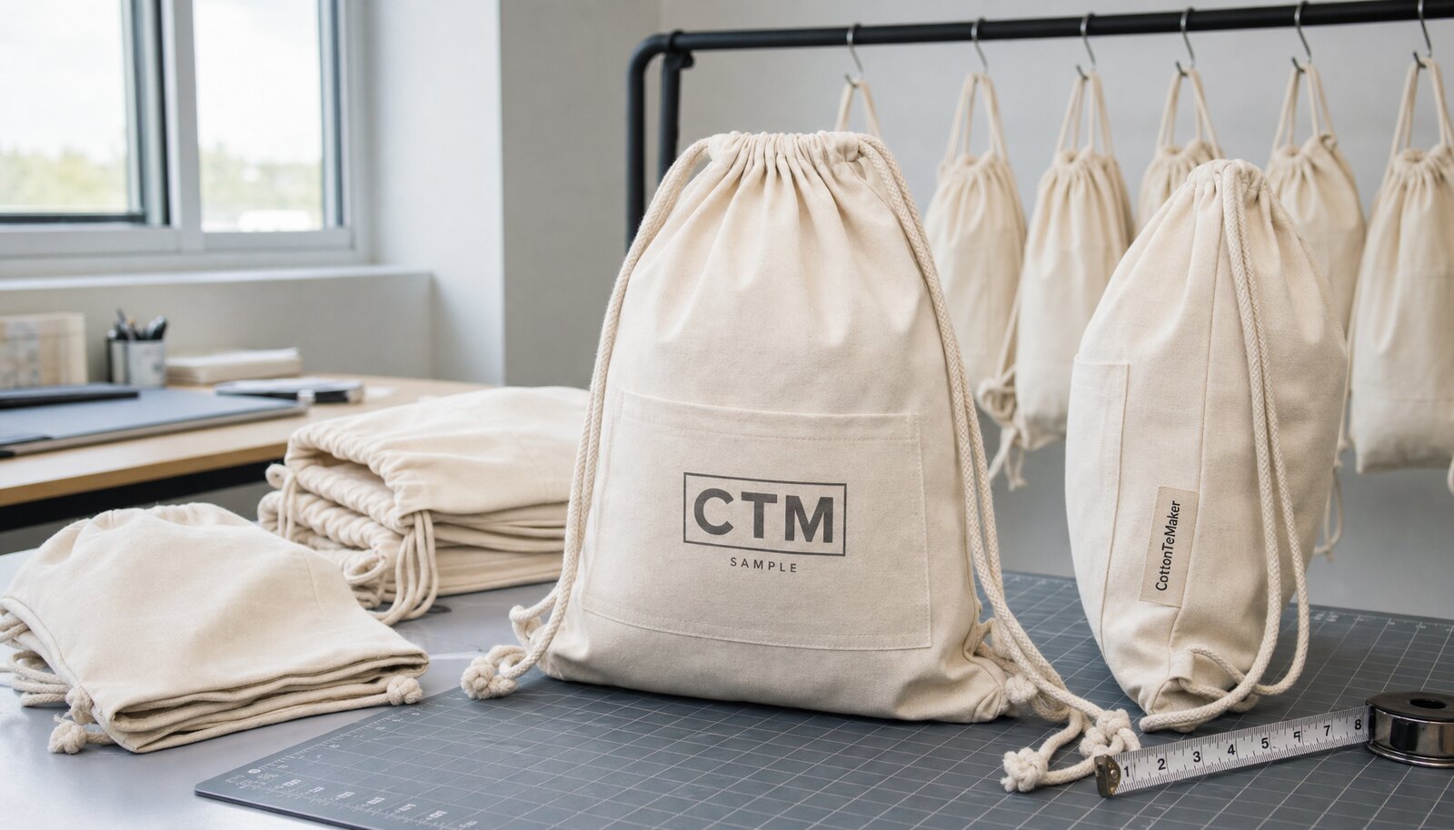 Cotton drawstring backpacks with a simple CTM sample logo in a factory sample room