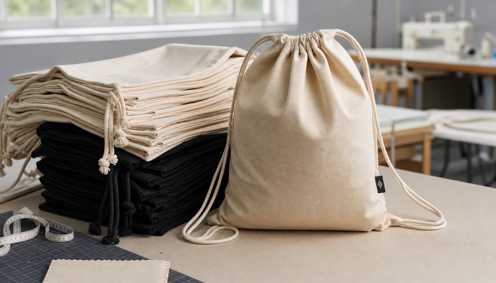 Cotton drawstring backpacks with a small CTM/CottonToMaker sample label in a factory sample room