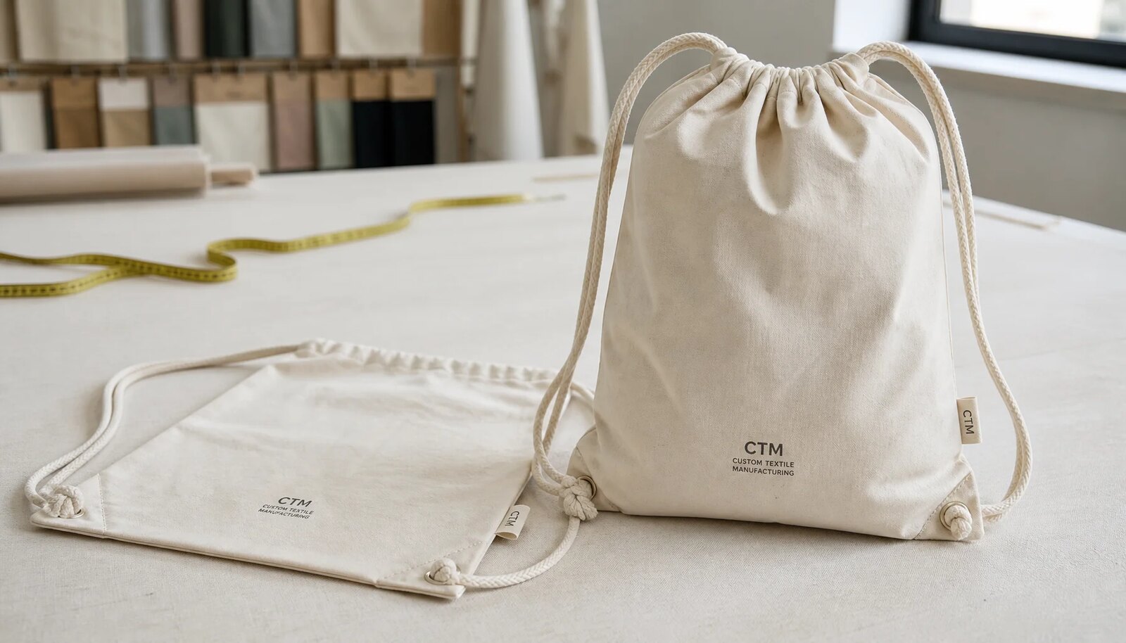 Natural cotton drawstring backpack sample with CTM logo for hotel retail material review