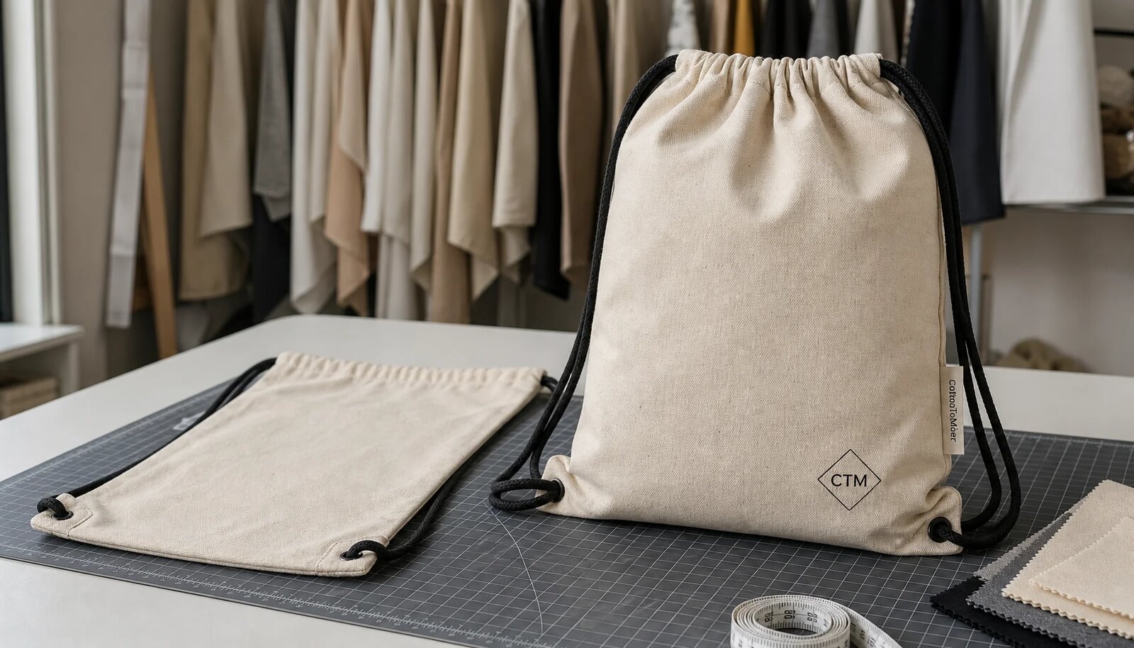 Cotton drawstring backpack sample with printed logo, woven side label, and reinforced cord exits for hotel retail quality inspection.