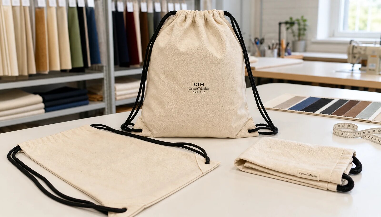 Natural cotton drawstring backpack sample with front logo print and reinforced lower tabs in a factory sample room