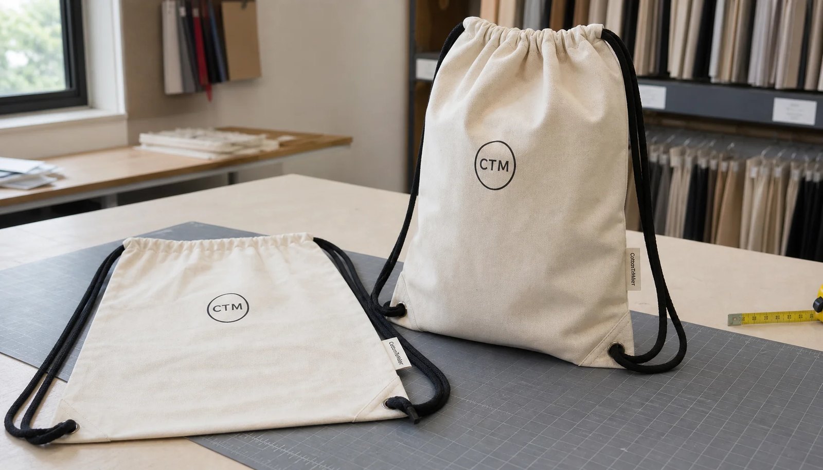 Natural cotton drawstring backpacks with CTM sample logo in a factory sample room