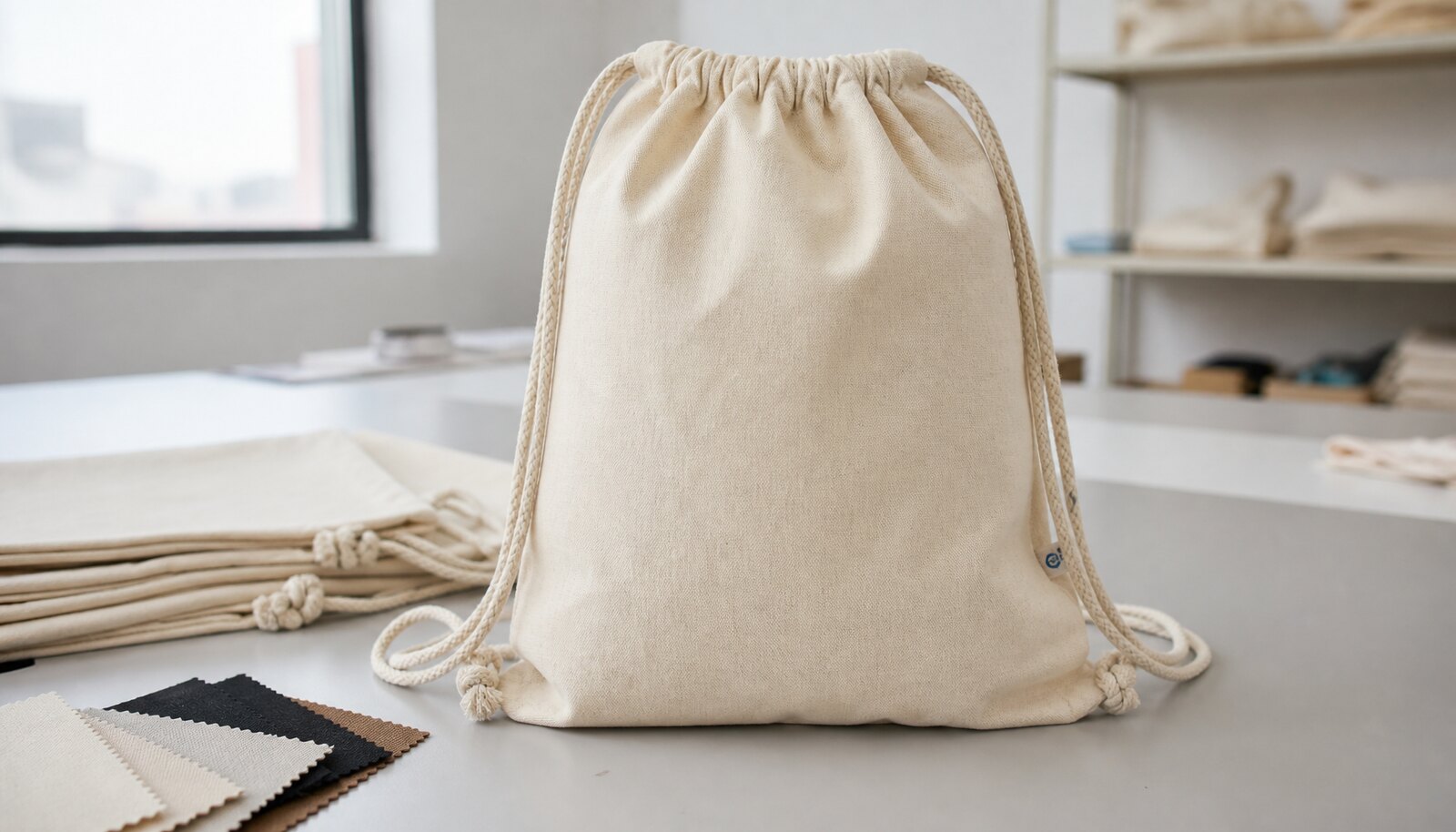 Cotton drawstring backpack sample with CTM logo in a clean factory sample room
