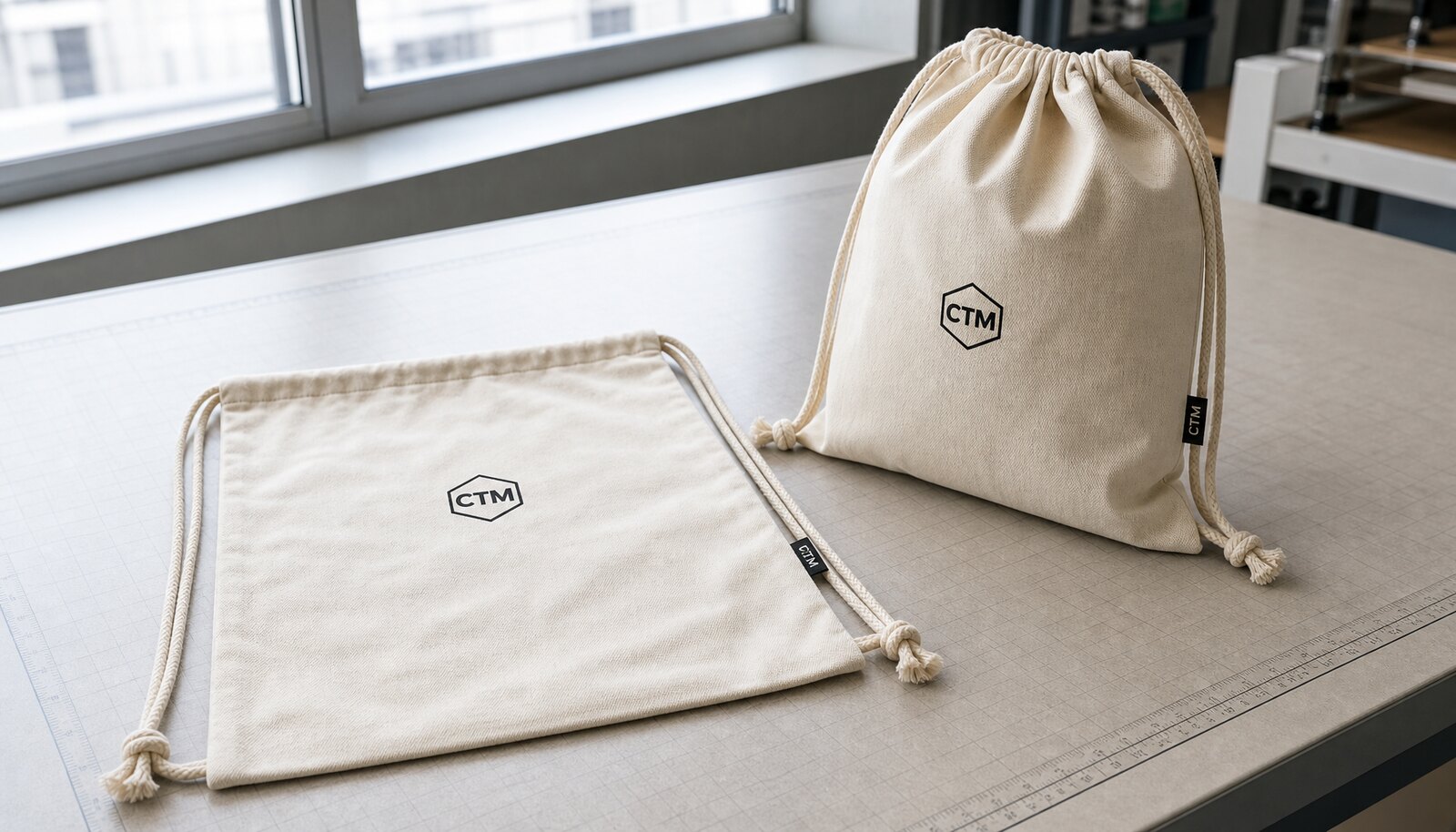 Photorealistic cotton drawstring backpack sample with a small CTM logo printed and a woven side label in a clean factory sample room.