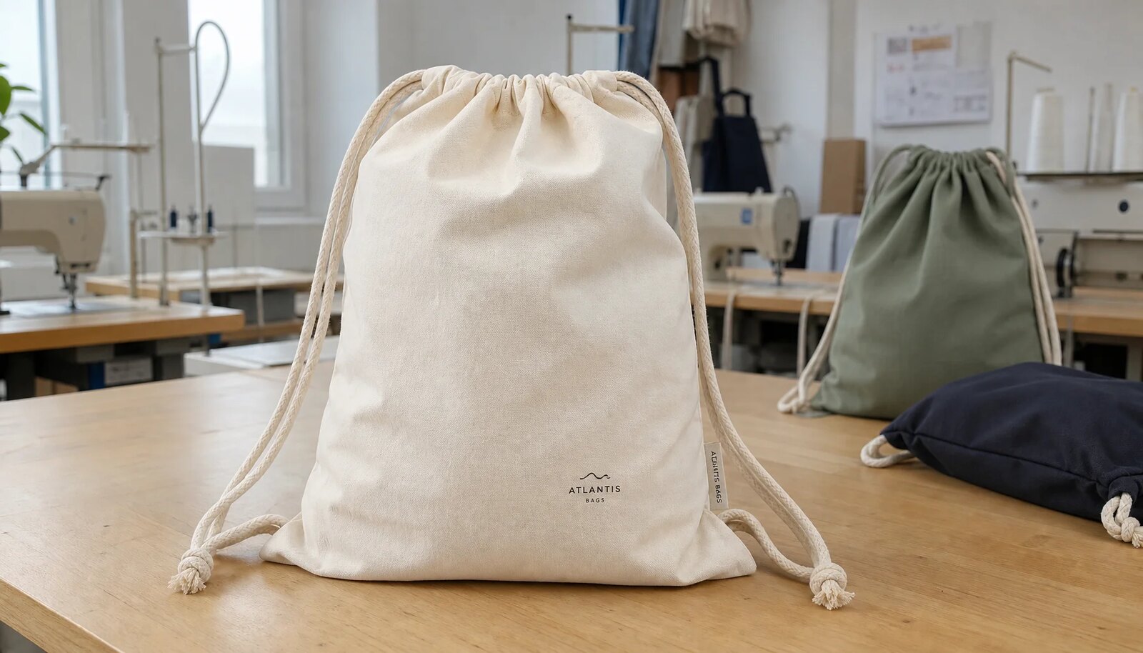 Photorealistic cotton drawstring backpacks with a simple CTM sample logo in a factory sample room