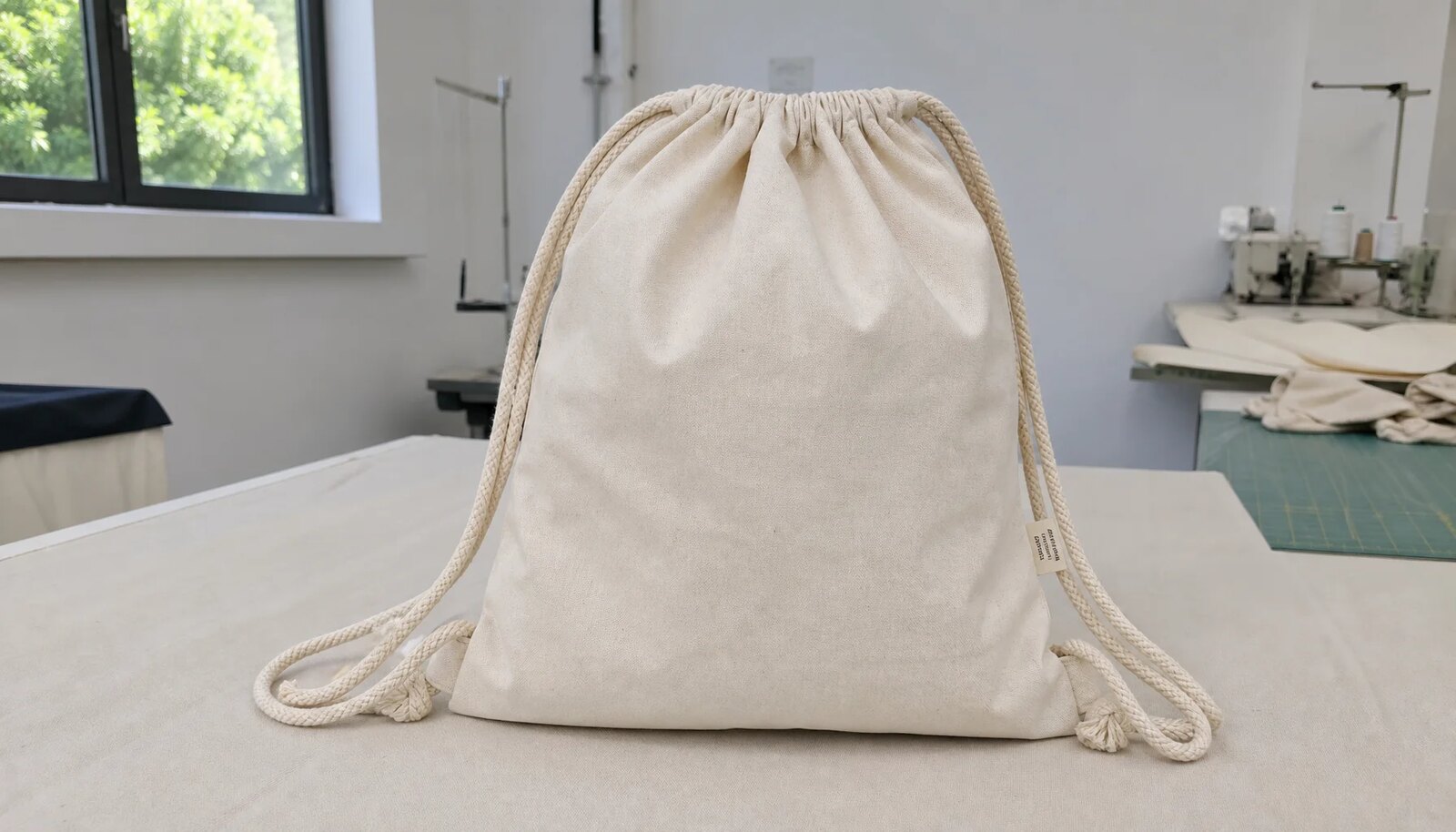Photorealistic cotton drawstring backpack sample with a small CTM side label in a factory sample room