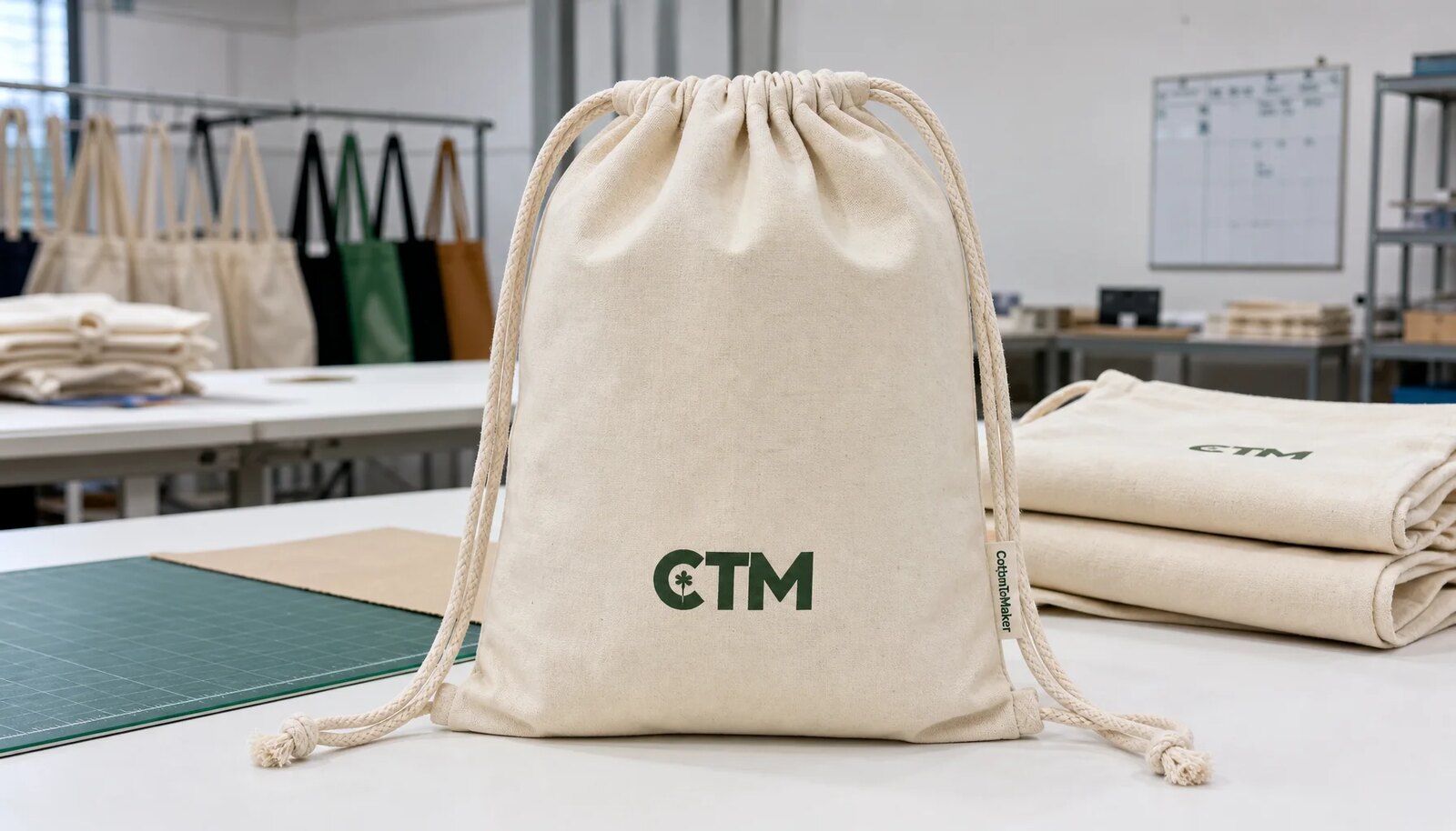 Natural cotton drawstring backpack with centered front logo print and small woven side label