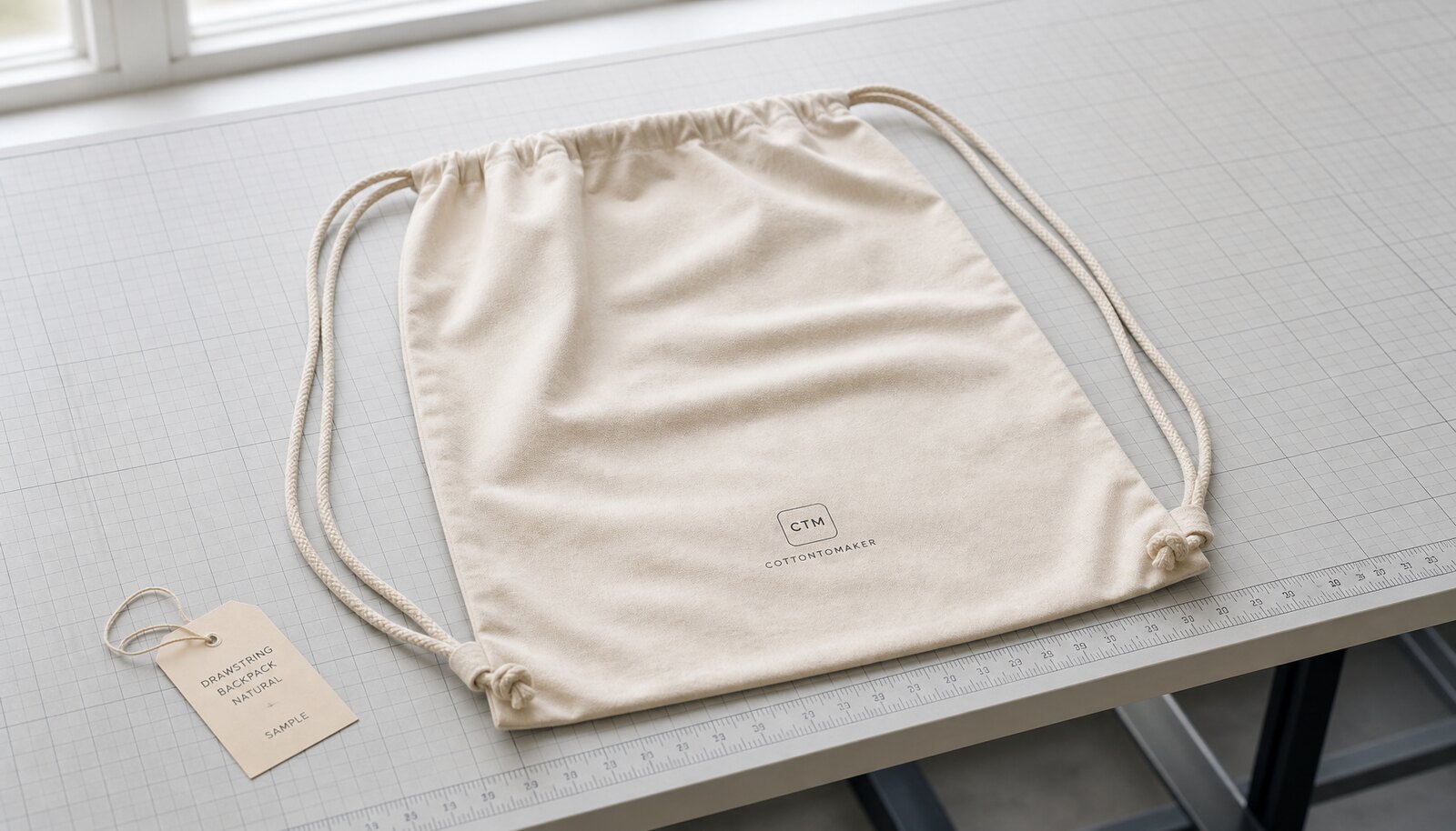 Natural cotton drawstring backpack with a simple CTM sample logo printed on the front panel in a factory sample room