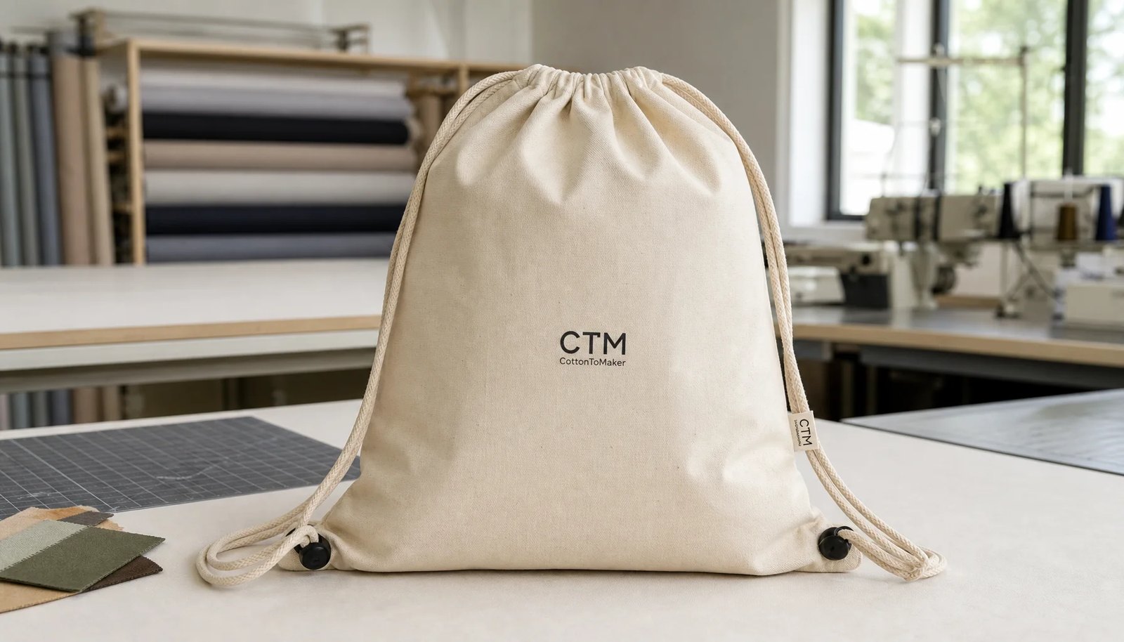 Natural cotton drawstring backpack with a simple CTM sample logo, shown in a clean factory sample room.